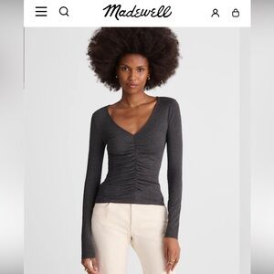Madewell Charcoal V-Neck Shirred Ruched Long-Sleeve Top